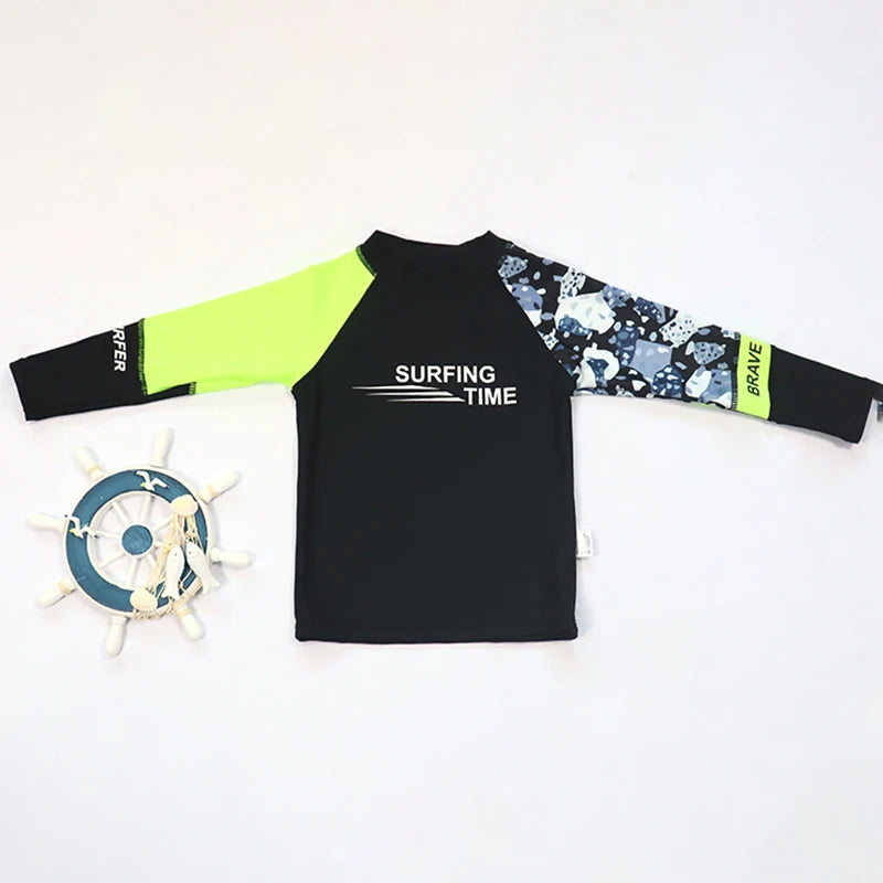 3 Pcs New Boy's Swimsuit Sun Protection UPF 50+ Long Sleeve Swimming Sunsuit with Hat Split Bathing Suits for Children