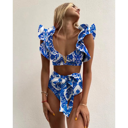 Print Bikini Women Swimwear Push Up Swimsuit High Waist Bikini Halter Backless Bathing Suit Ruffle Beach Wear Summer