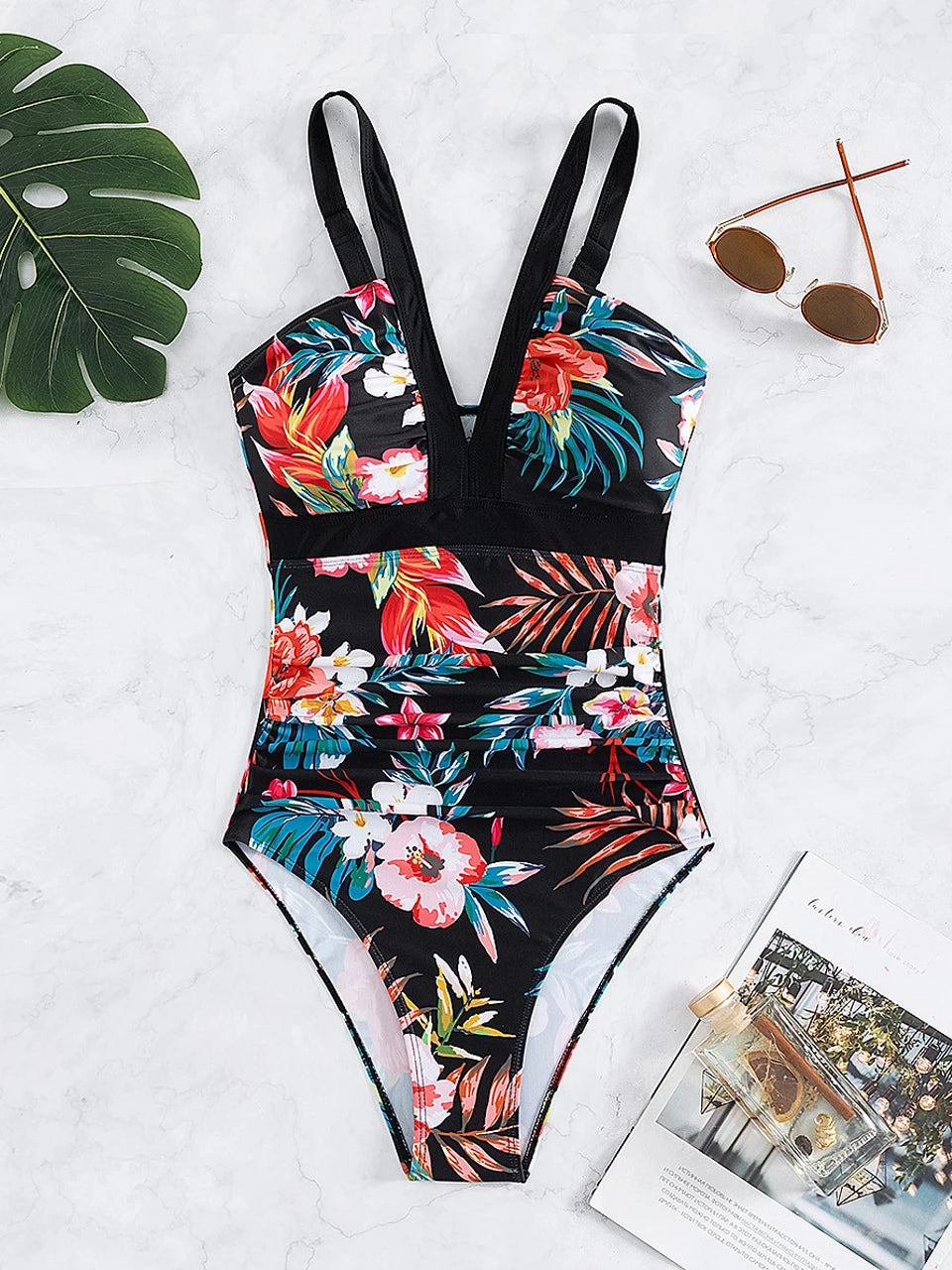 Deep V-Neck One Piece Lady Swimsuit Print Swimwear Women Bathing Swimming Suit Female Padded Beachwear Bodysuit Summer