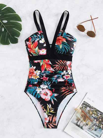 Deep V-Neck One Piece Lady Swimsuit Print Swimwear Women Bathing Swimming Suit Female Padded Beachwear Bodysuit Summer