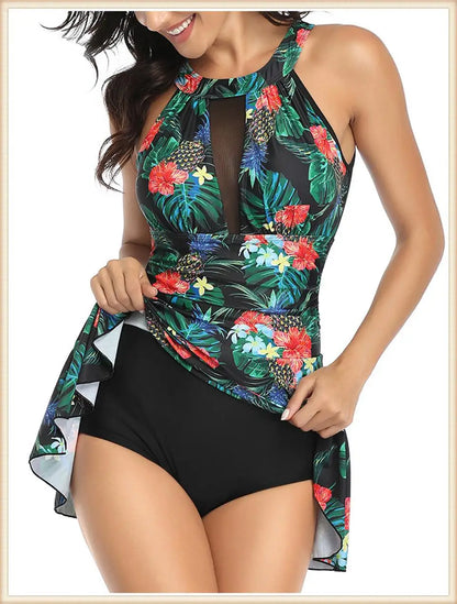 Backless Print Swimsuit Dress Women High Waist Bikini Swimwear Female Padded Bathing Suit Swimming Beachwear Summer Tankini