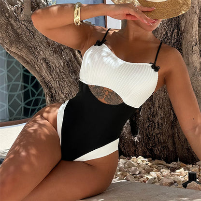 Splicing Cut Out Ribbed One Piece Swimsuit Women Swimwear Female High Leg Cut Padded Bather Bathing Suit Swim