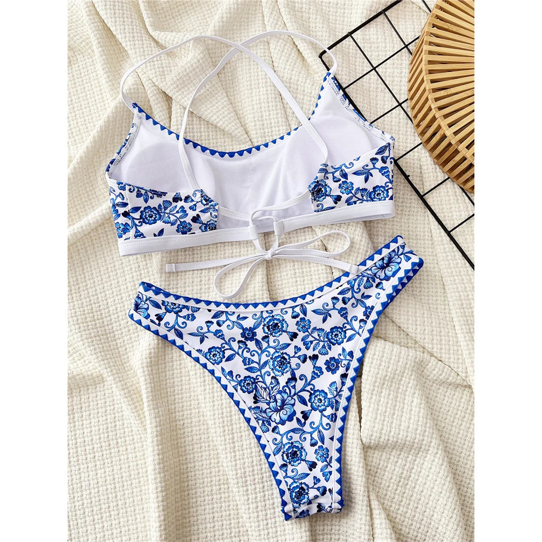 Floral Printed Cross Back Bikini Women Swimwear Female Swimsuit Two-pieces Bikini set Brazilian Bather Bathing Suit Swim