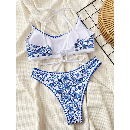 Floral Printed Cross Back Bikini Women Swimwear Female Swimsuit Two-pieces Bikini set Brazilian Bather Bathing Suit Swim