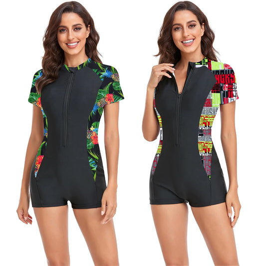 One-Piece Boxer Swimsuit Large Size Short-Sleeved Bikini Splicing Print Women's Swimsuit