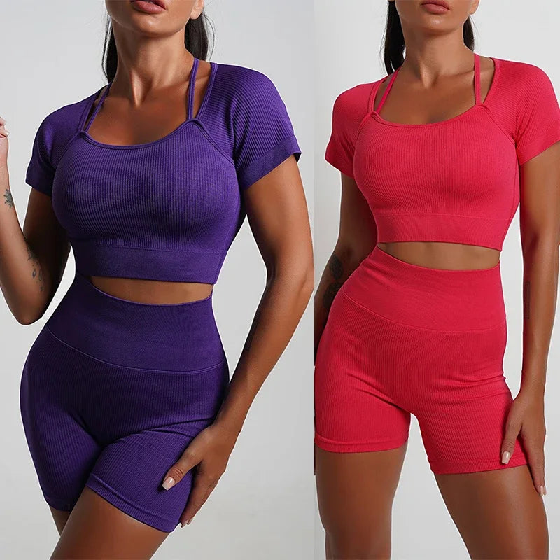 2 in 1 Padded Bra Yoga Crop Short Sleeve Ribbed Gym Crop Top Yoga Crops Fitness Bra Short Sleeve Wrokout Tops Sports