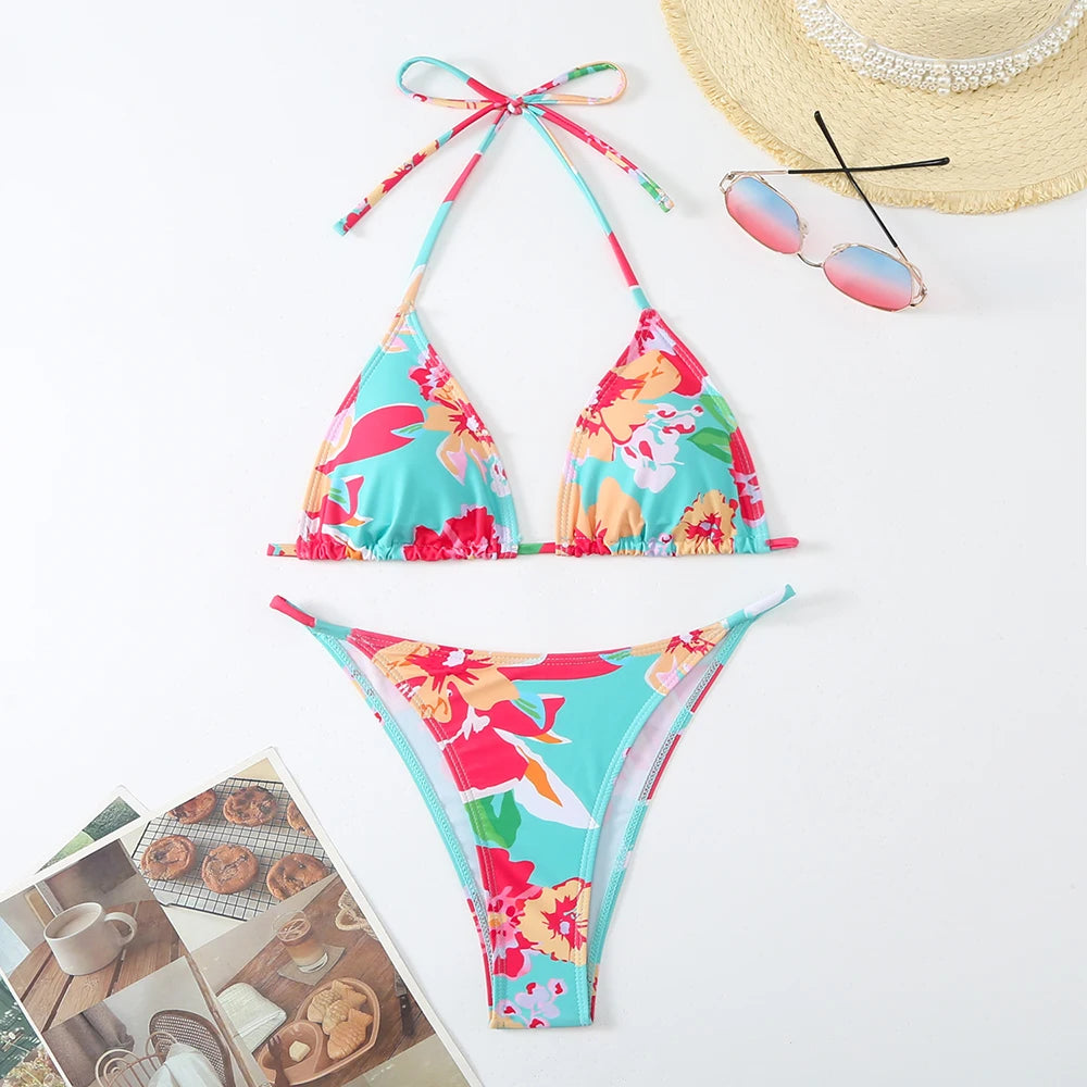 Halter Printed Bikini Women Thong Swimwear Female Triangle Swimsuit Bathers Bathing Swimming Swim Suit Beachwear Summer