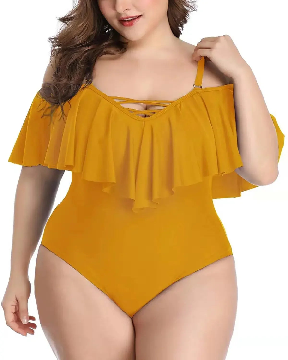 Solid color Ruffle Top Swimsuit Women Plus Size Swimsuit One Piece Swimwear Swimming