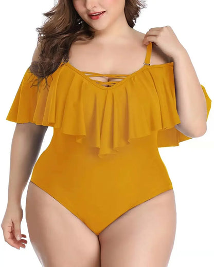 Solid color Ruffle Top Swimsuit Women Plus Size Swimsuit One Piece Swimwear Swimming