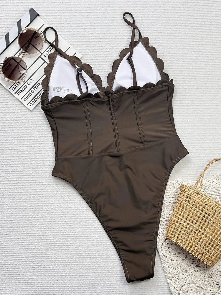 Lady Solid Swimwear Women Ruffle Push UP One Piece Swimsuit Monokini Strapped Backless Beach Bathing Suit