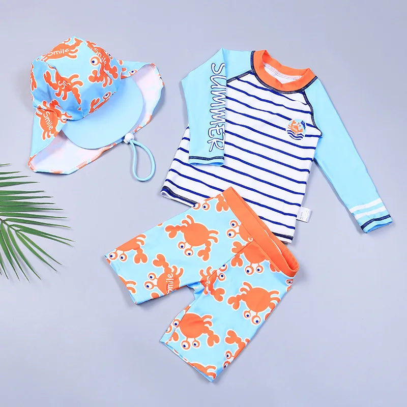 3 pcs Children Swimsuit Set Boys Quick-drying Long Short Sleeve Shark Pattern Drawstring Swimming Trunks Hat Split Bathing Suit