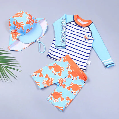 3 pcs Children Swimsuit Set Boys Quick-drying Long Short Sleeve Shark Pattern Drawstring Swimming Trunks Hat Split Bathing Suit