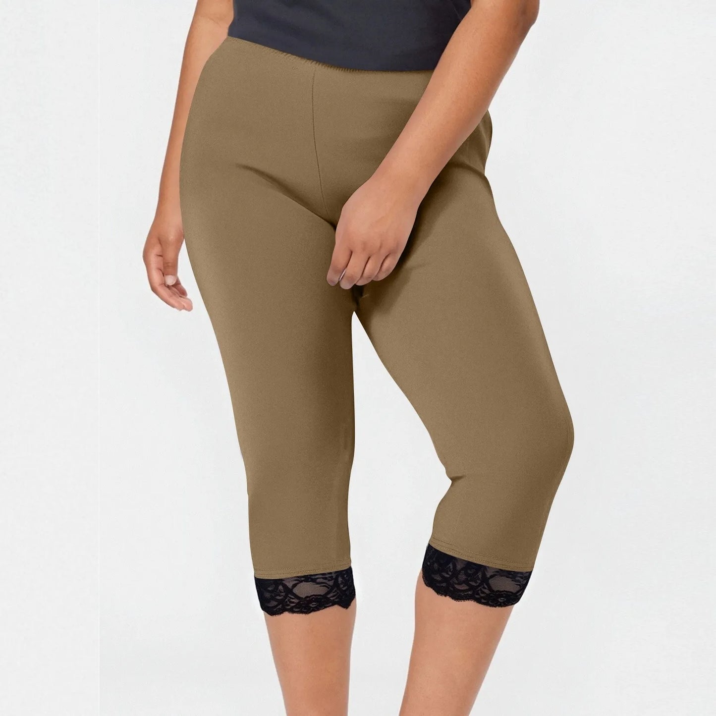 Plus size yoga pants women's fashion large solid color lace splicing bottom pants with elastic waist sports cropped pants