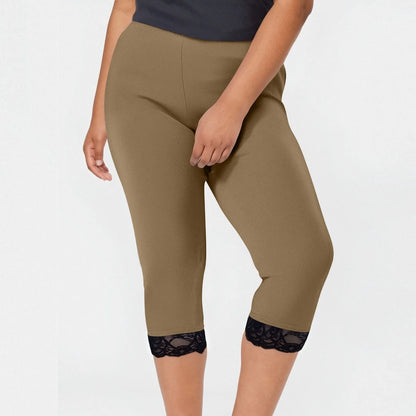 Plus size yoga pants women's fashion large solid color lace splicing bottom pants with elastic waist sports cropped pants