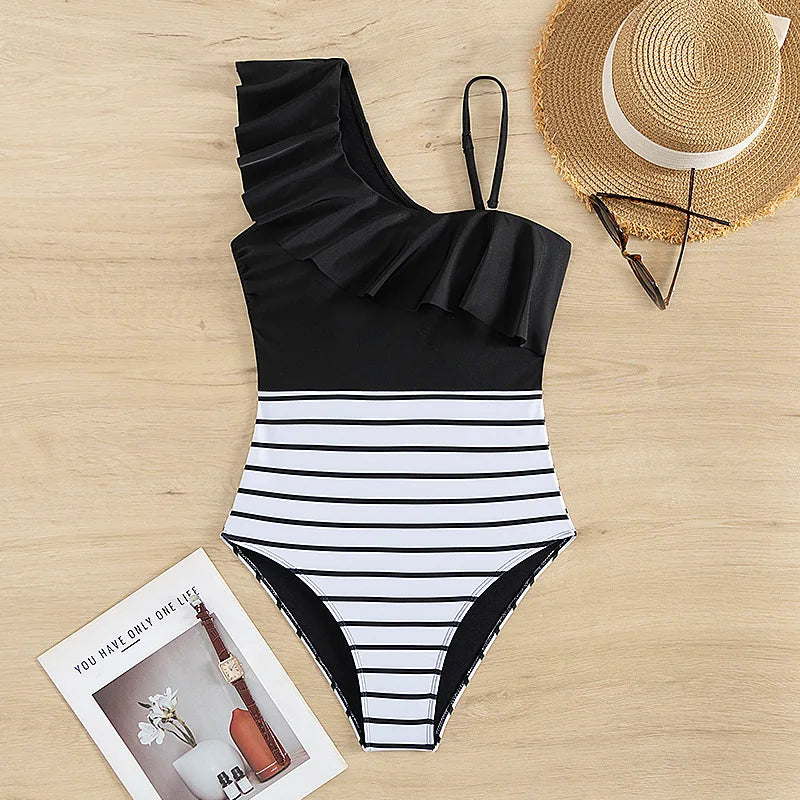 Women's One Piece Swimsuit One Shoulder Black and White Patters  Print Swimwear Fashion Beach Holiday