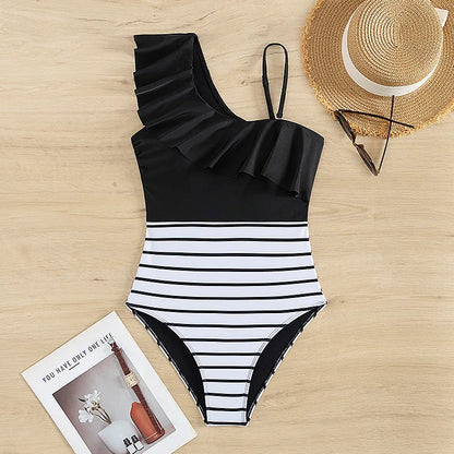 Women's One Piece Swimsuit One Shoulder Black and White Patters  Print Swimwear Fashion Beach Holiday