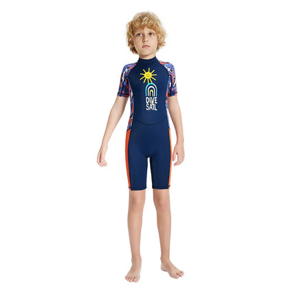 Children's Swimsuit Boys One-Piece Swimsuit Short-Sleeved Beach Sunscreen Professional Training Swimsuit