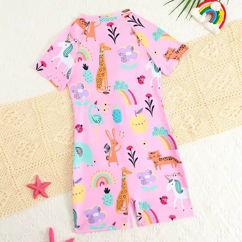 Girls Printed Swimsuit One Piece Kids Zipper Swimwear Children Swimming Bathing Swim Suit Beachwear