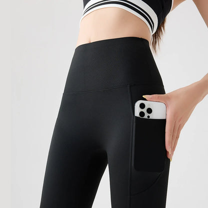 BIVIGAOS Spring Autumn Double Side Pocket Sharkskin Leggings Women Tight Elastic High Waist Sports Fitness Running Leggings