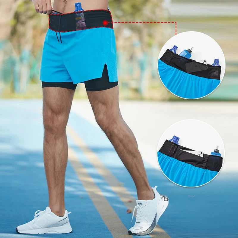 Double-deck Outdoor Marathon Basketball Running Men's Gym Fitness Run Shorts Quick Drying Pocket Training Jogging Workout Shorts