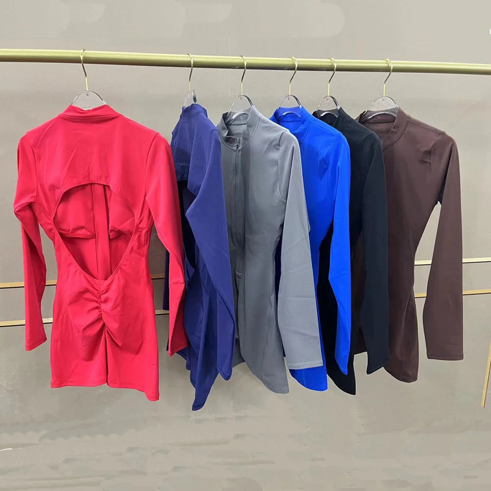 Pad Zipper Long Sleeve Yoga Set Women One Piece Jumpsuit Gym Workout Shorts Fitness Bodysuit Sports Athletic Suit XP358