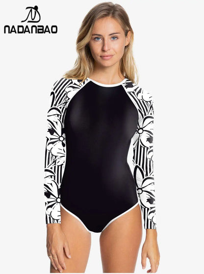 Women Swimsuit Rash Guard Black Long Sleeve Swimwear Outdoor Sport Bathing Suit Surfing Bodysuit Swim Wear Beach Monokini