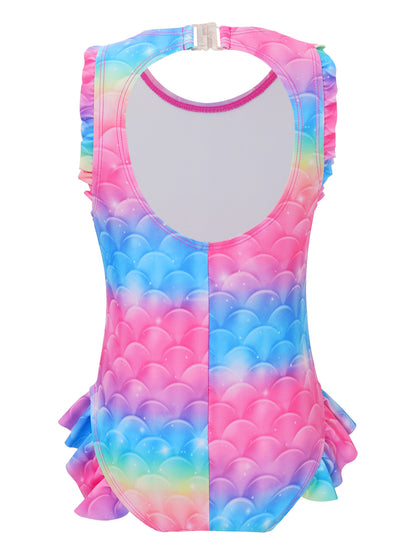 Kids Girls Mermaid Swimsuit Sleeveless Fish Scales Print Ruffle Flounce Jumpsuit Bathing Suit Pool Beach Athletic Swimwear