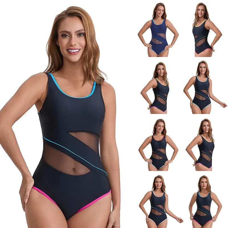 Sport Swimwear One Piece Bathing Suit for Women Swimsuits Block Colors Mesh Hollow out Beach Wear