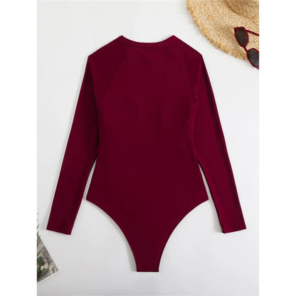 High Cut Printed Long Sleeve Zipper Surf Rash Guard One Piece Swimsuit Women Swimwear Female Bather Bathing Suit Swim