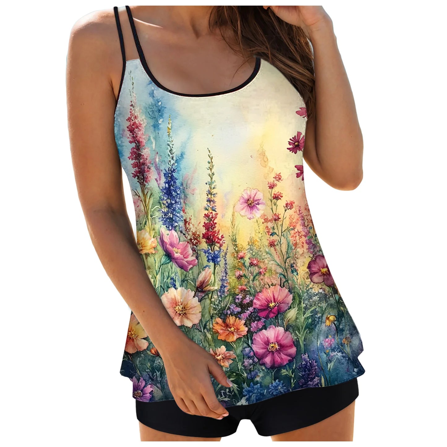 Women's Floral Print Tankini Swimwear Double Stretch Spaghetti Strap Cover Tummy Crew Neck Conservative Tops Slim Tight Shorts