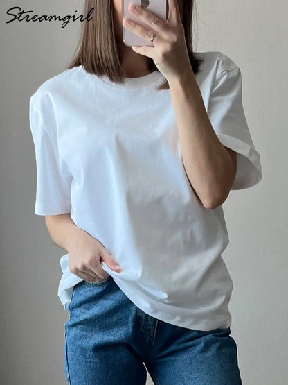 Women T Shirt Cotton 100℅ Summer Basic Tee Short Sleeve Tops Loose T-shirt Casual Women's White Basic T Shirts For Women