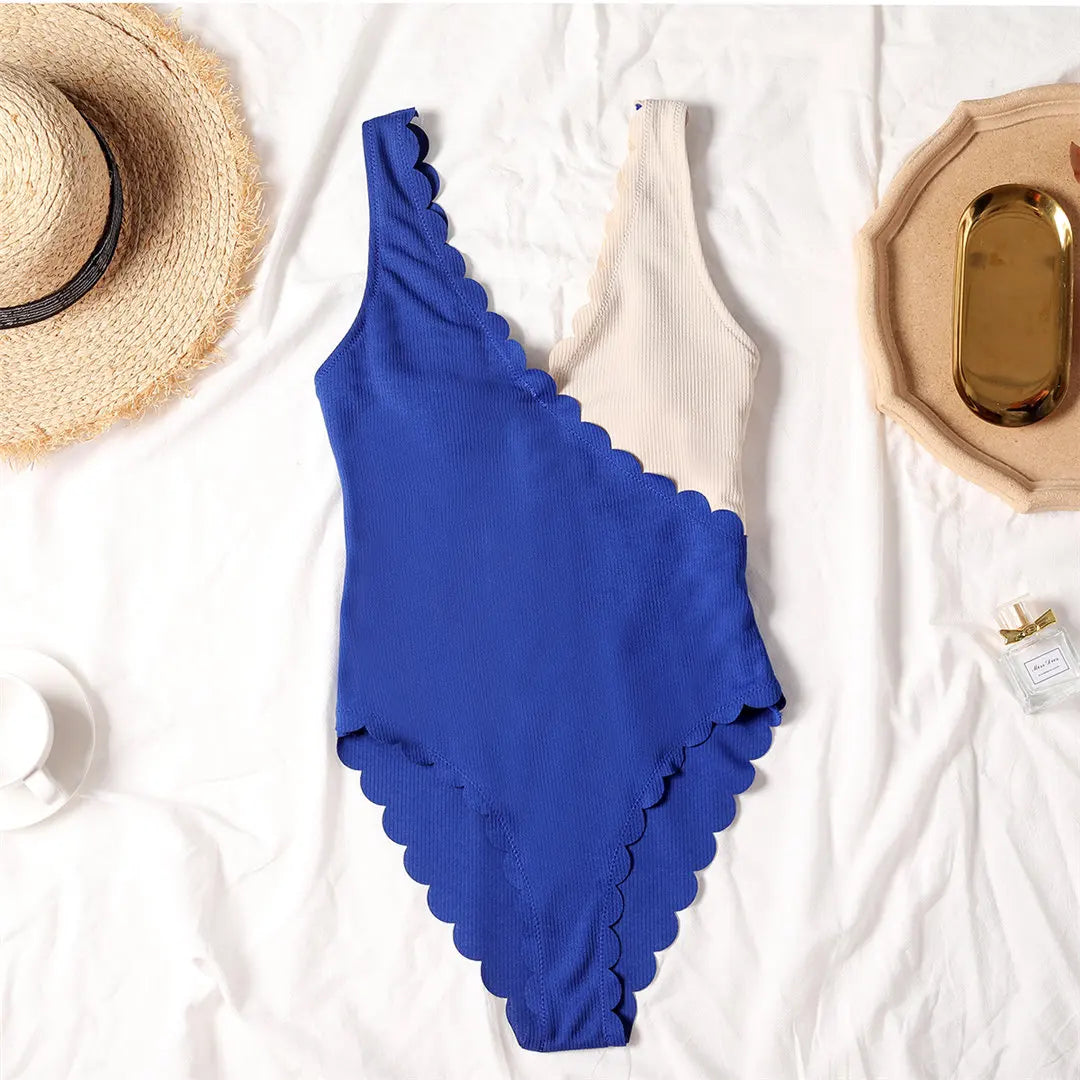 Scalloped Splicing High Cut One Piece Swimsuit Women Swimwear Female Ribbed Bather Bathing Suit Swim Lady