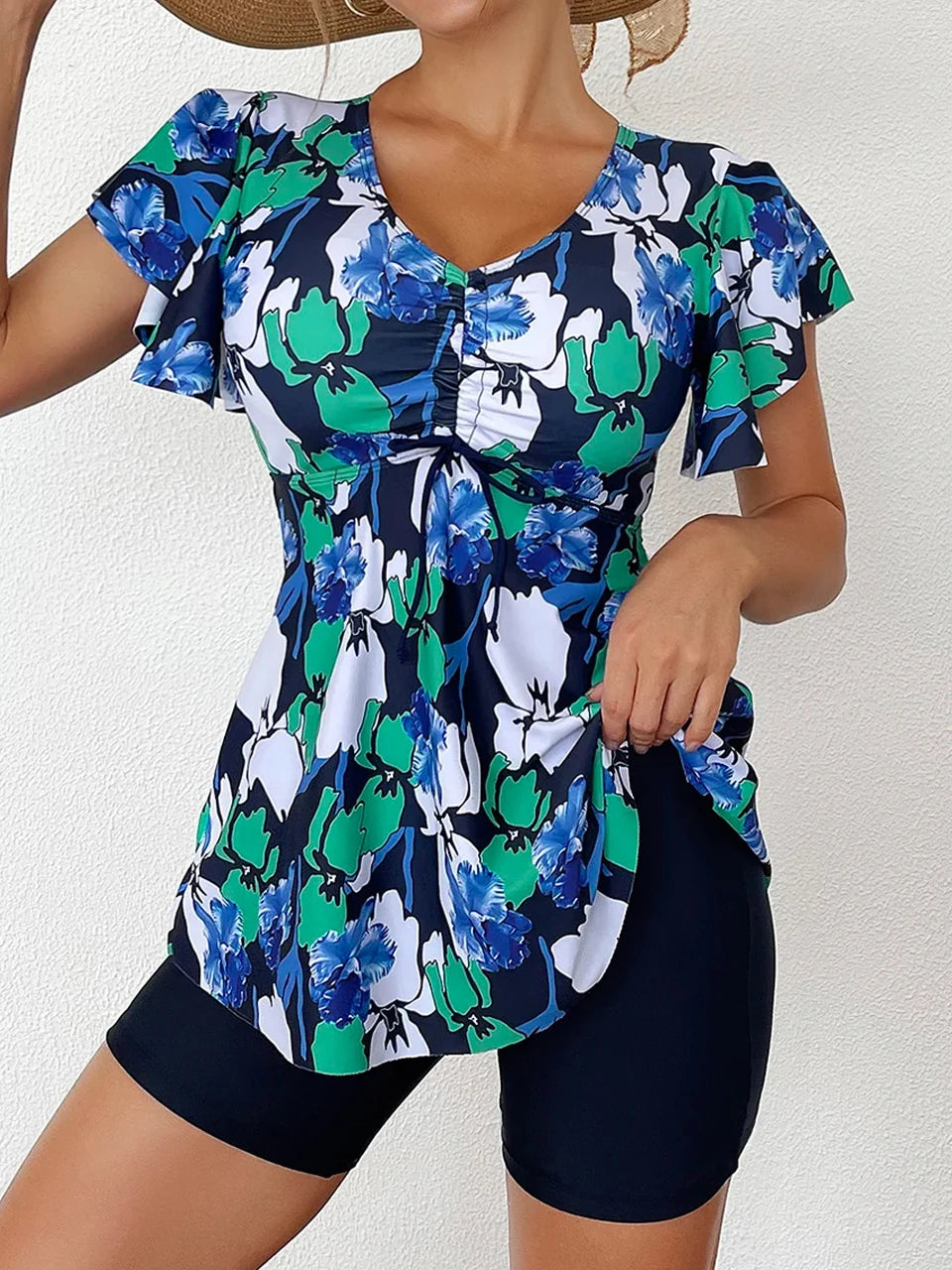 Drawstring Front Tankini Set Skirt Women High Waist Swimsuit Summer Beachwear Female Bathers Bathing Swimming Swim Suit