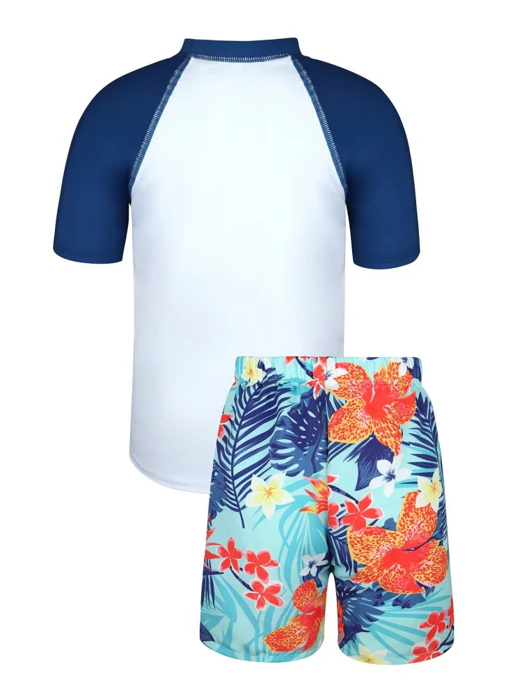 Boys' White Letter-Print Short-Sleeve Rash Guard & Shorts Set