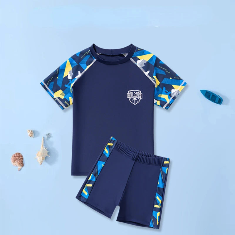 Children's Short Sleeve Swimming Suit, Two Piece Swimsuit, Boys Kids Swim Trunks, Beach Wear, Swimming, 2-14Y