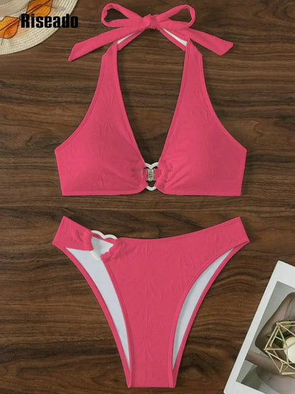 Halter Bikini Set Swimsuit for Women Two Pieces Swimwear Heart Design Pink Biquini