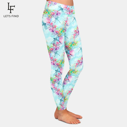 Dragonflies and Flowers Print Cute Women Leggings High Waist Soft Stretch Leggings Yoga Gym Pants