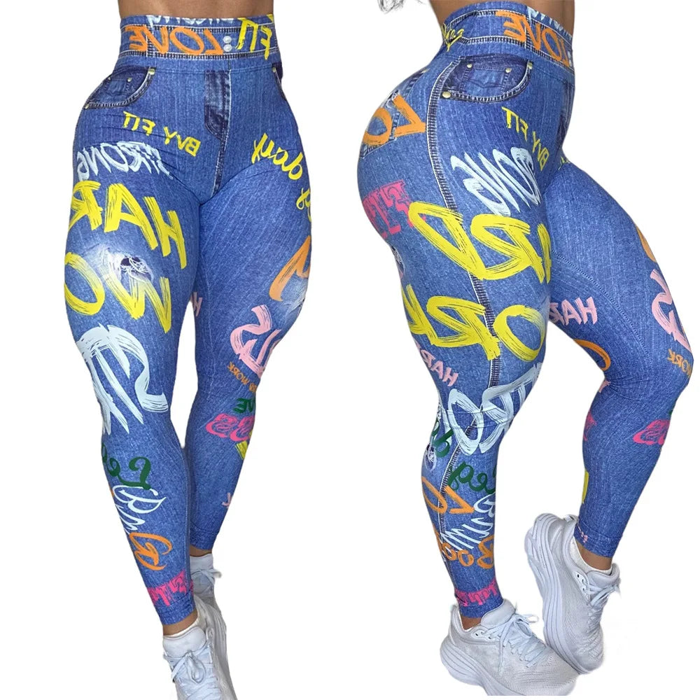 Women Semales Slim Legging Imitation Denim Printed High Waist Yoga Pants