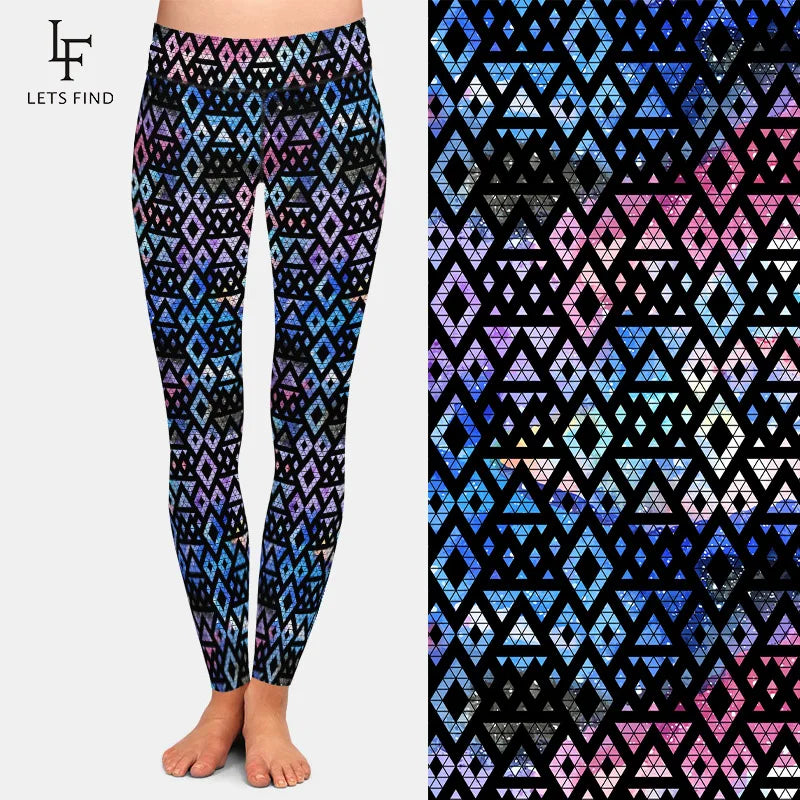 High Quality Galaxy with Triangles and Geometric Printing Women's Leggings High Waist Fitness Slim Leggings