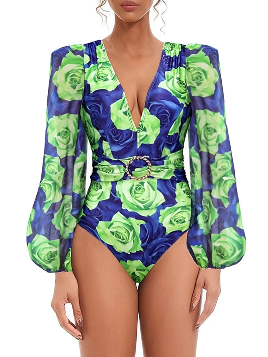 Rose Print V Neck Long Sleeve Swimsuit Women One Piece Swimwear Female Beachwear Bathers Bathing Swimming Swim Suit