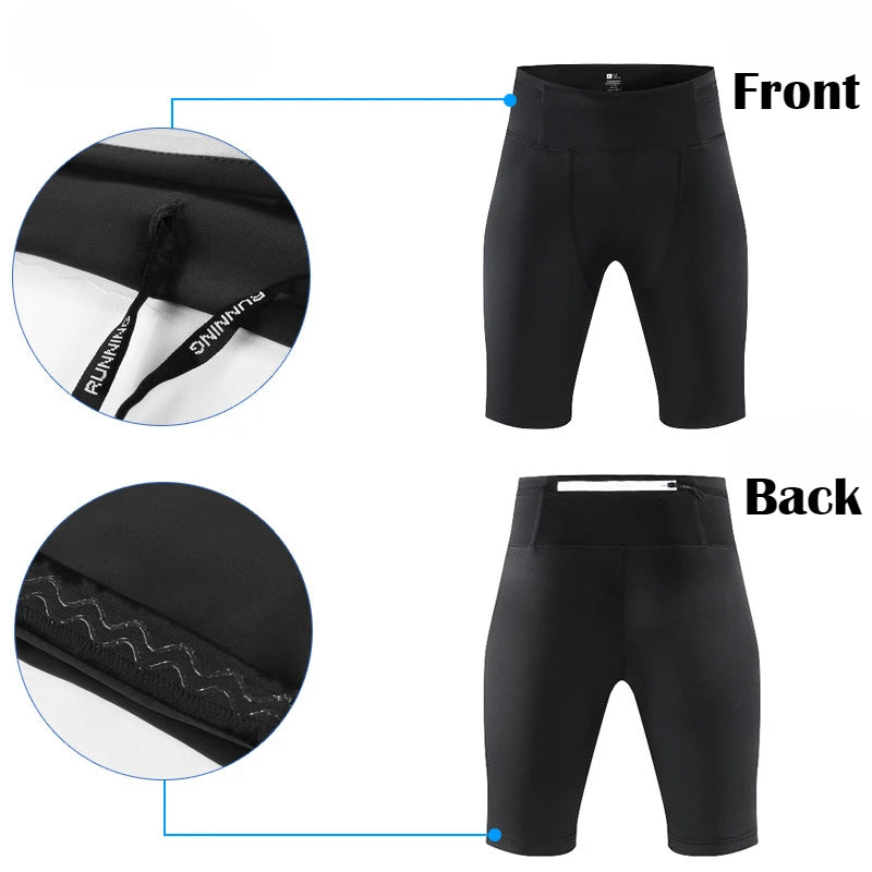 Men's Marathon Running Training Compression Shorts Quick Dry Sports Jogging Tights Fitness Waist Belt Bag Shorts Sportwear Male