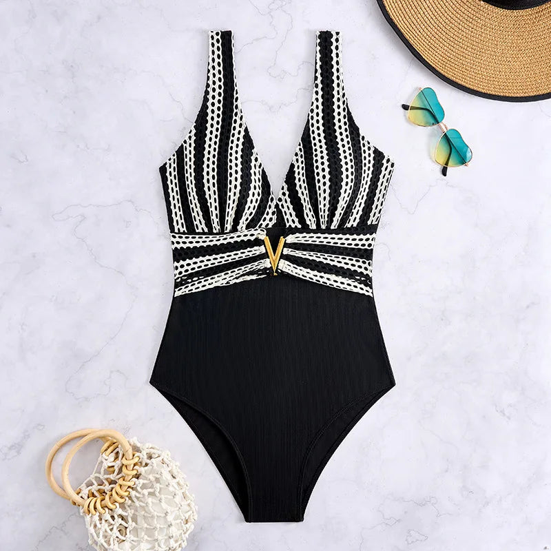 Striped One-Piece Swimsuits Closed Women Swimwear Push Up Swimming Wear Body Bathing Suits Beachwear Pool Bather