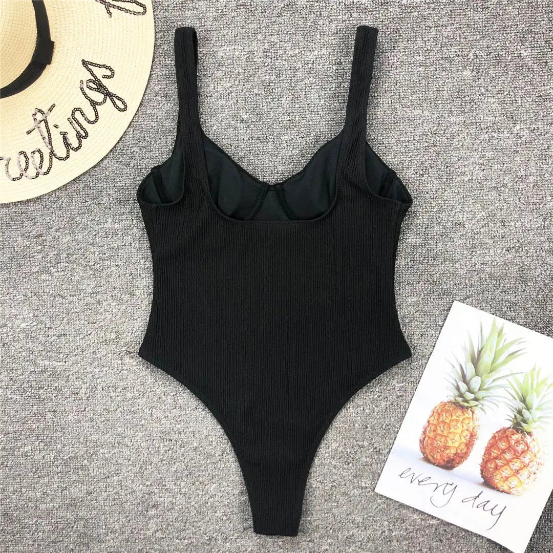 S - XL High Cut Women Swimwear Ribbed Underwired One Piece Swimsuit Female Bather Bathing Suit Swim Lady Bodysuit