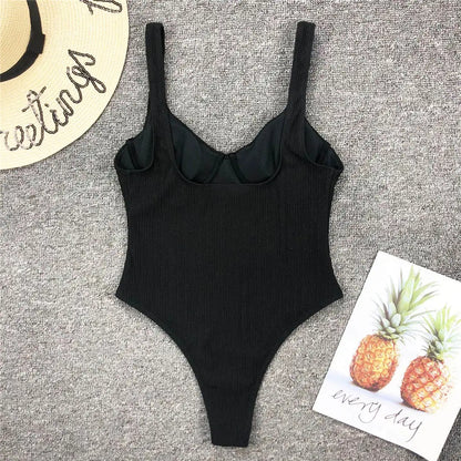 S - XL High Cut Women Swimwear Ribbed Underwired One Piece Swimsuit Female Bather Bathing Suit Swim Lady Bodysuit