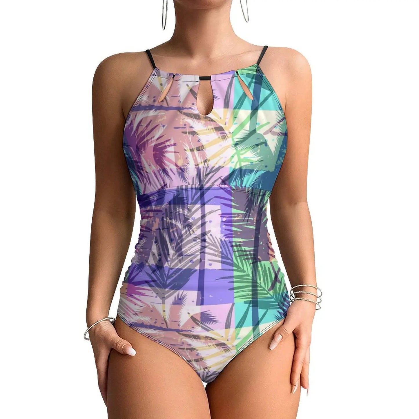 Neon Palm Trees Swimsuit Plant Print Swimwear One Piece Beach Swimsuits Sleeveless Bathing Suits Women Push Up Beach Wear
