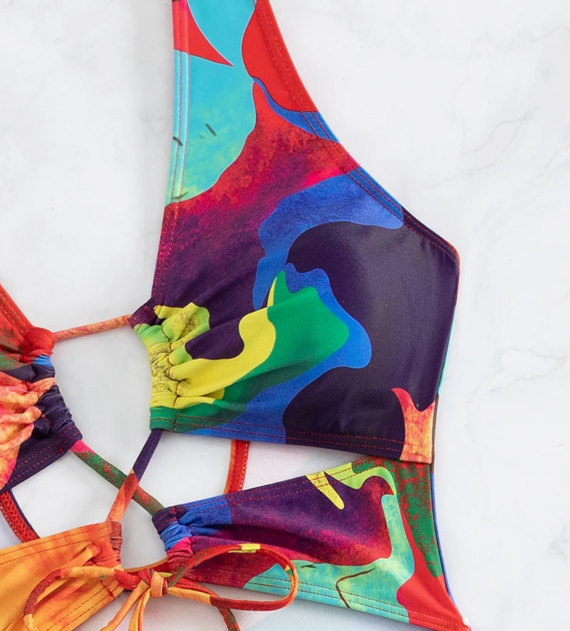 One Piece Swimsuit Women Colorful Monokini Swimwear Bathing Suits Deep V Backless Slimming Bodysuit Swimming Suit