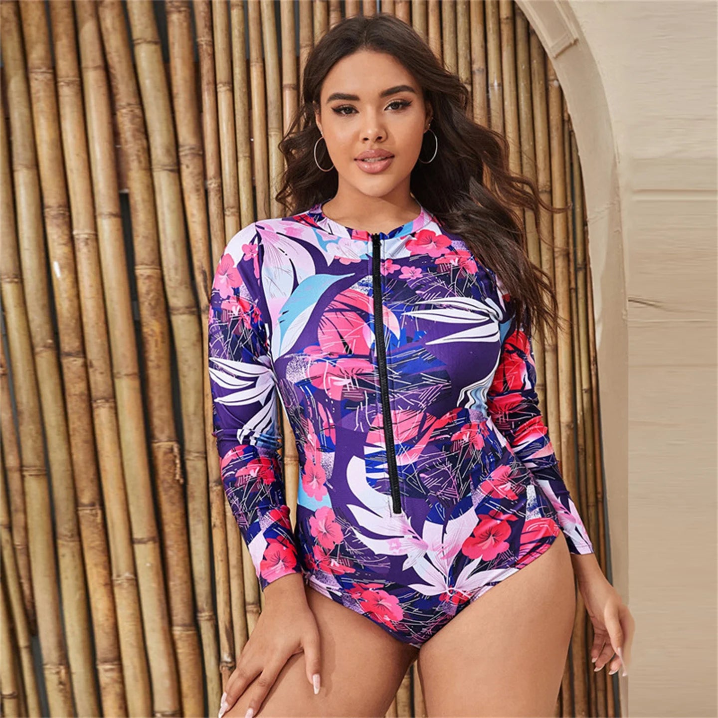 Summer Women Plus Size Large Bikini Long Sleeved Triangle Shorts Rash Guards Surfing One Piece Suit Snorkeling Swimwear