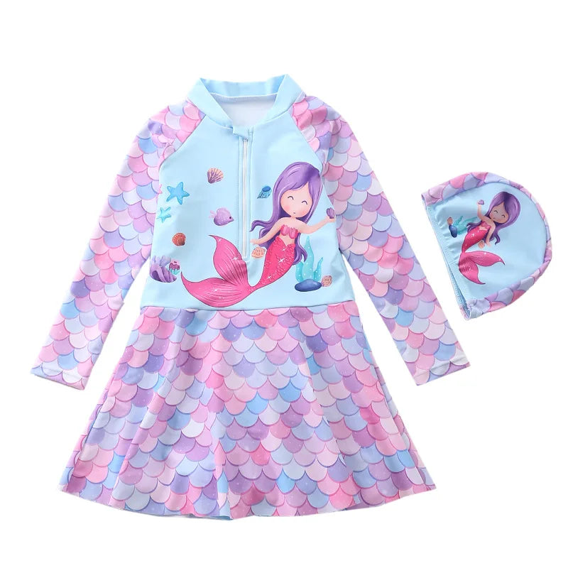 Mermaid Swimsuit for Girls Long Sleeves Children's Swimwear Front Zipper One-Piece Swimming Dresses Summer Beach Bathing Suit