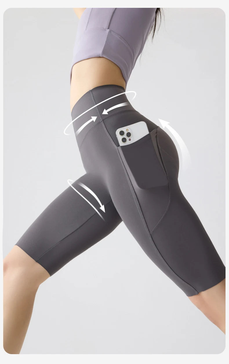 Pocket Yoga Sharkskin Bicycle Shorts Women Thin High Waist Push Up Light Feeling Sports  Fitness Cycling Shorts