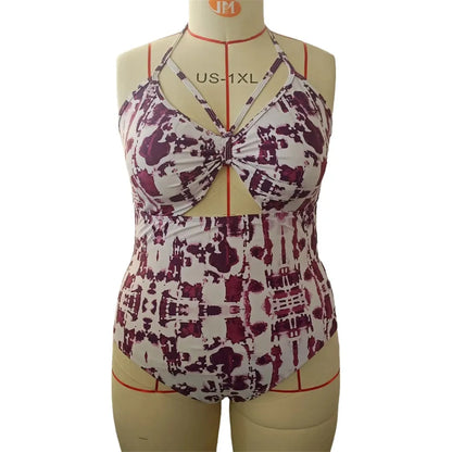 0XL - 4XL Printed Cut Out Halter Large Size Swimwear Plus Size One Piece Swimsuit Female Women Bather Bathing Suit Swim